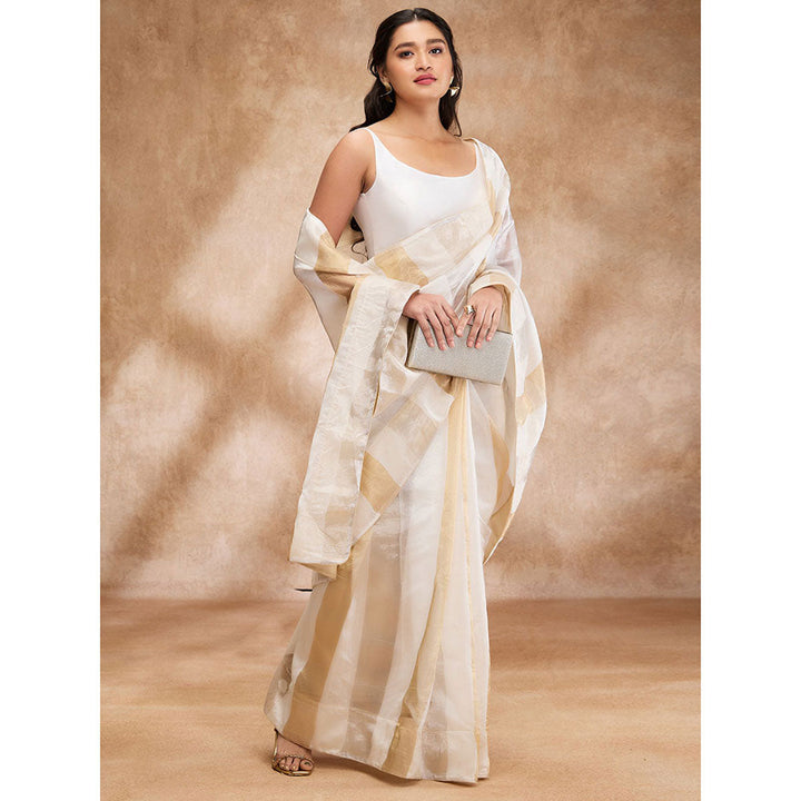 SALWAR STUDIO Off White Taffeta Solid Round Neck Sleeveless Blouse