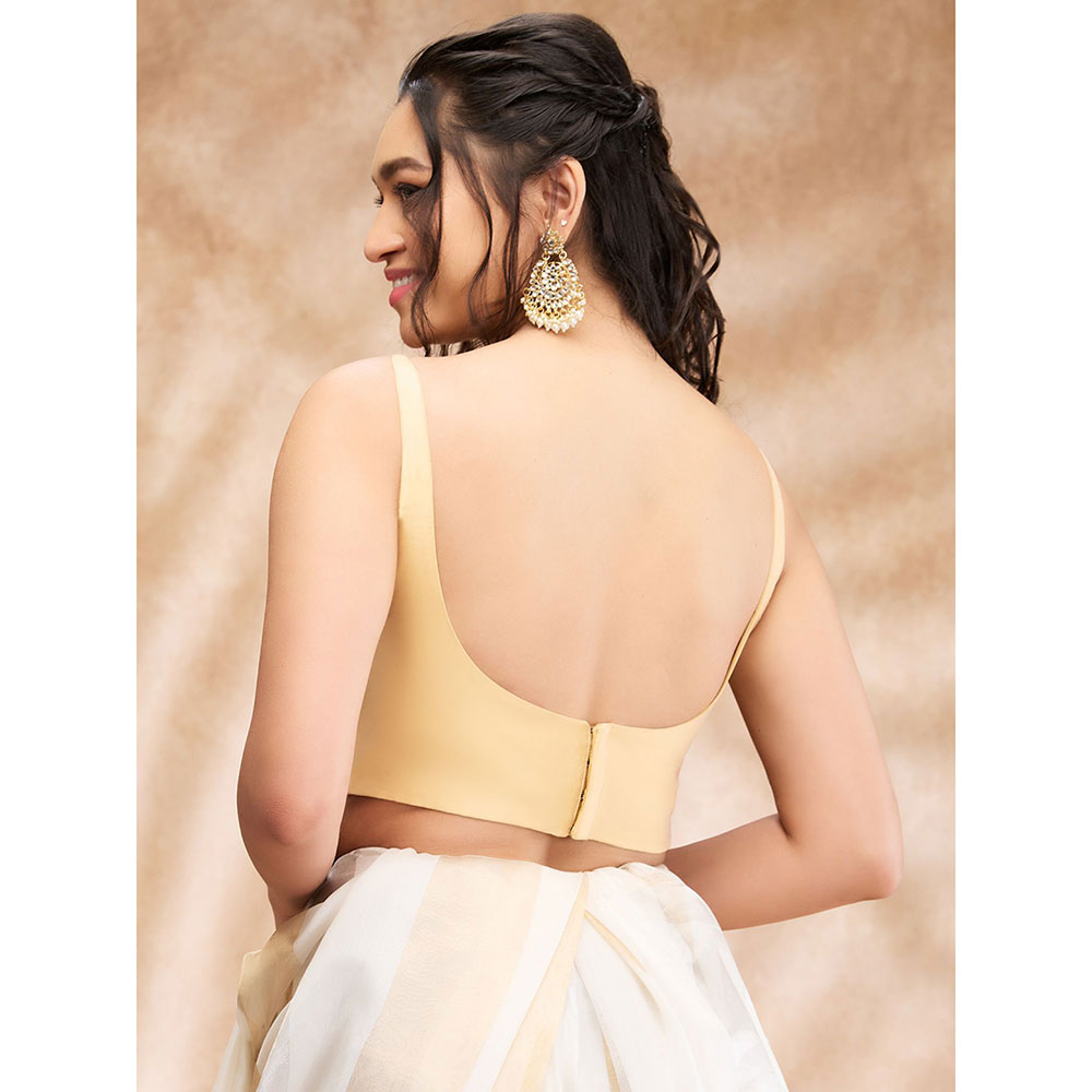 SALWAR STUDIO Light Gold Taffeta Solid Round Neck Sleeveless Blouse