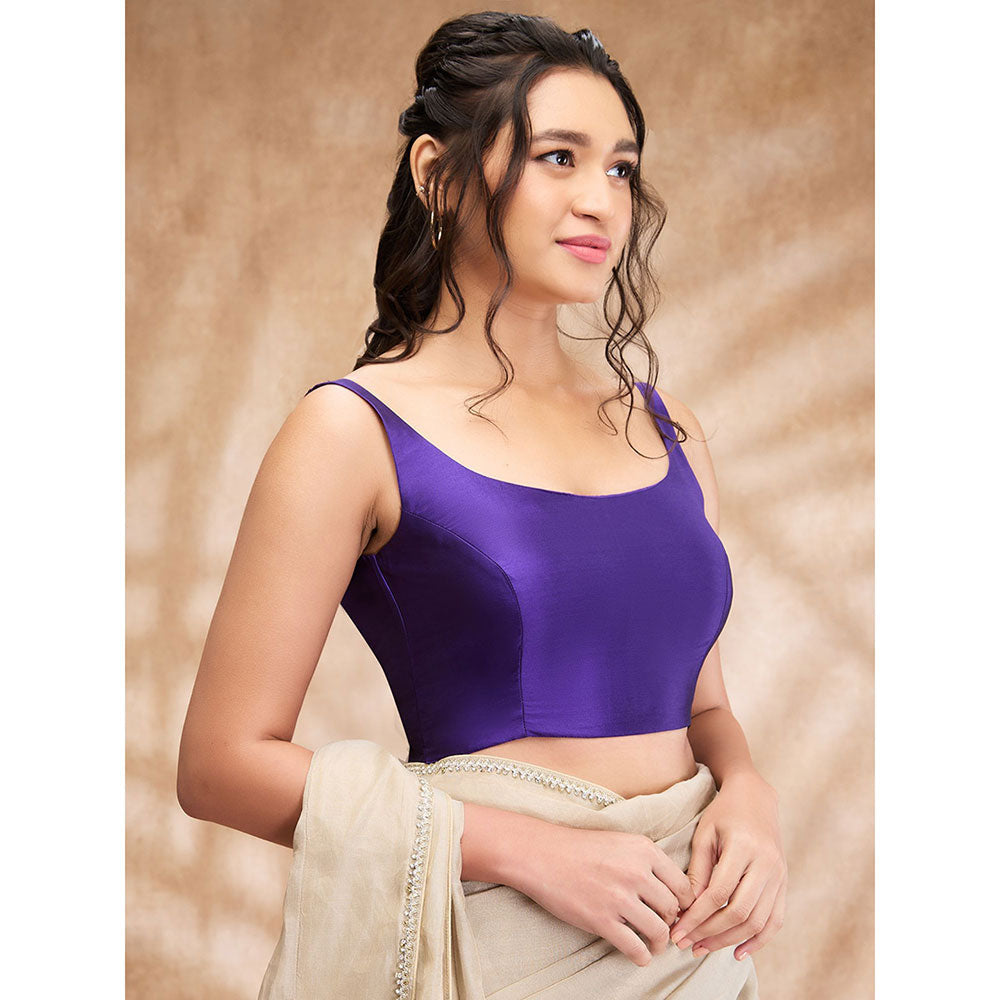 SALWAR STUDIO Purple Taffeta Solid Round Neck Sleeveless Blouse