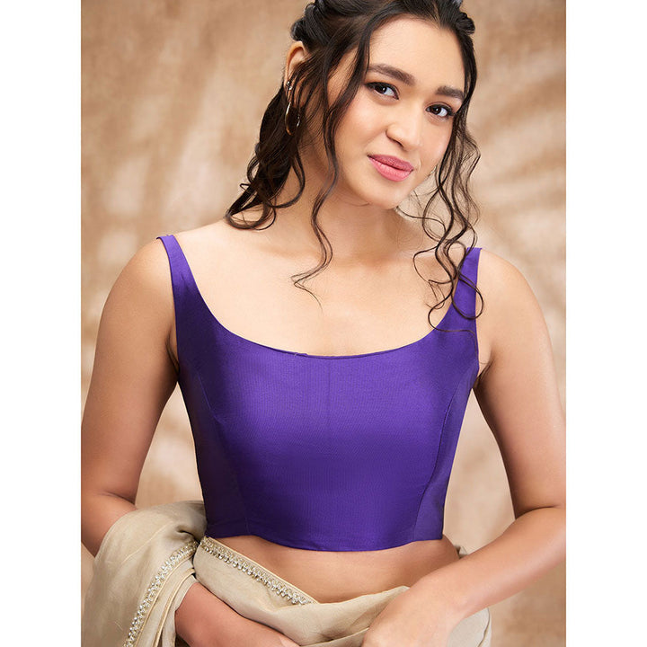 SALWAR STUDIO Purple Taffeta Solid Round Neck Sleeveless Blouse