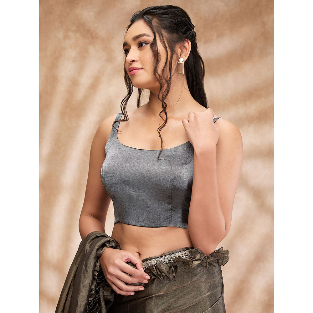 SALWAR STUDIO Grey Tissue Shimmer Round Neck Sleeveless Blouse