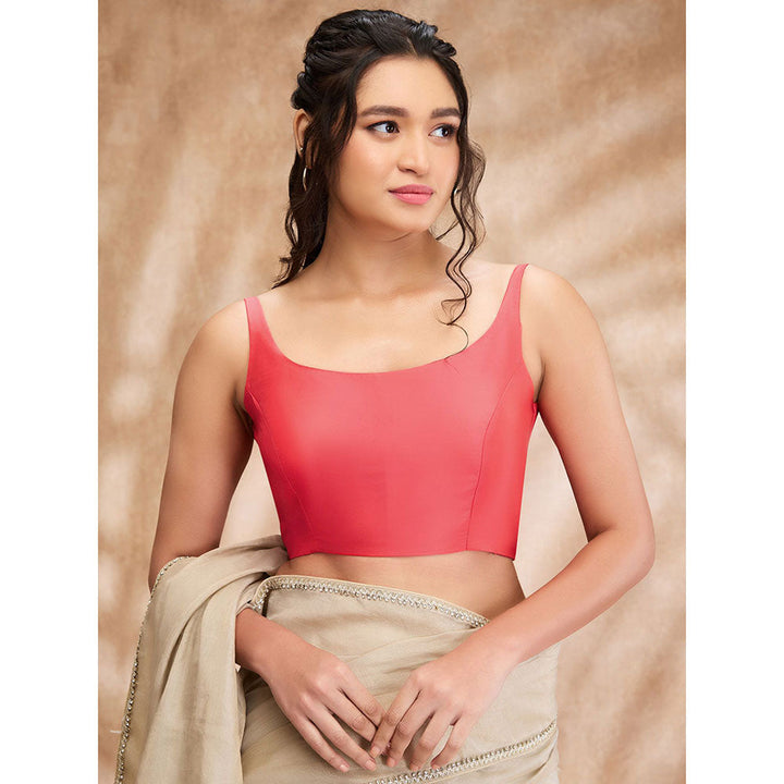 SALWAR STUDIO Coral Taffeta Solid Round Neck Sleeveless Blouse