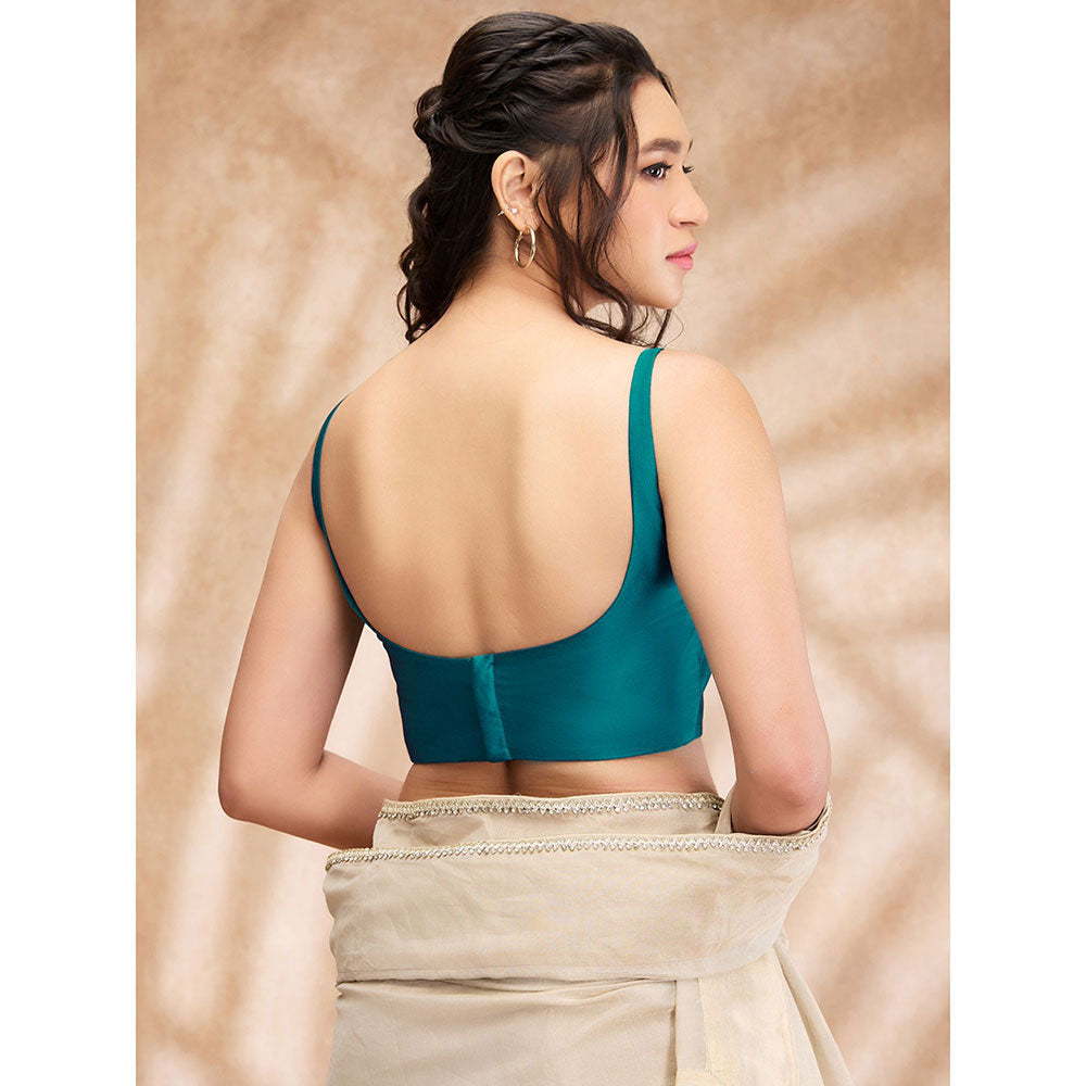 SALWAR STUDIO Teal Taffeta Solid Round Neck Sleeveless Blouse