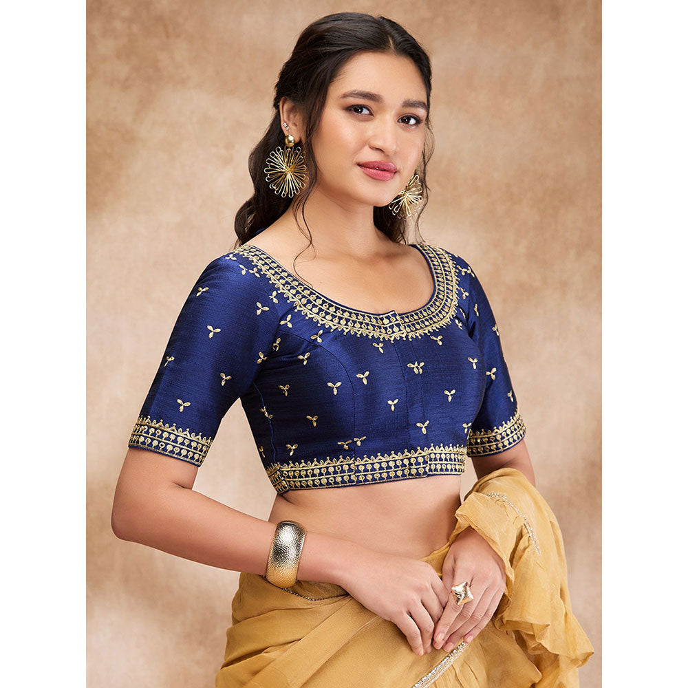 SALWAR STUDIO Blue Silk Embroidered Round Neck Sleeve Zari Blouse