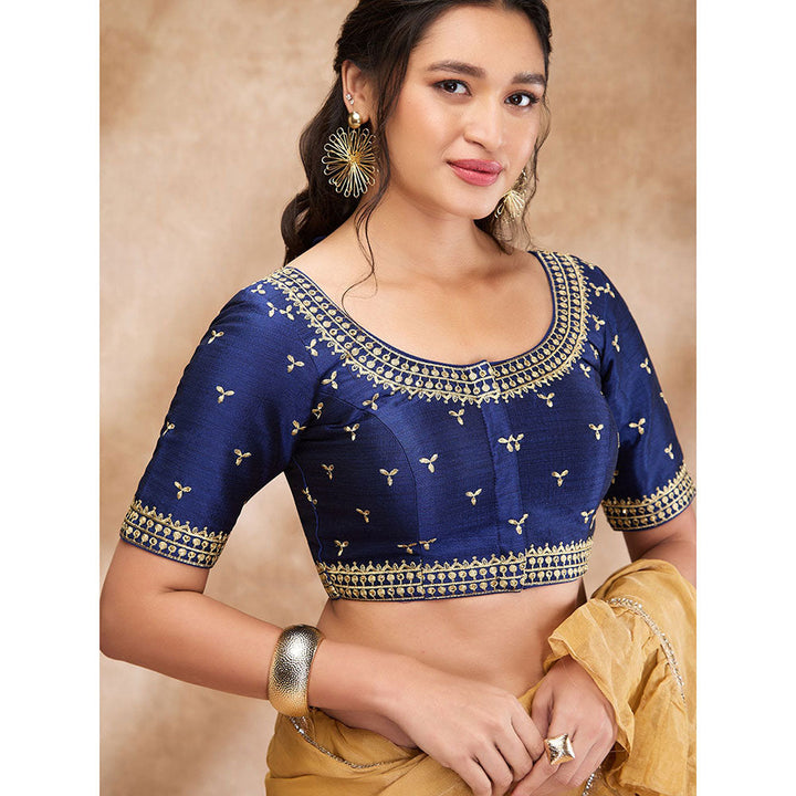 SALWAR STUDIO Blue Silk Embroidered Round Neck Sleeve Zari Blouse