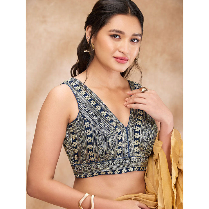 SALWAR STUDIO Navy Blue Brocade Embroidered Sleeveless Zari Blouse with Additional Sleeves