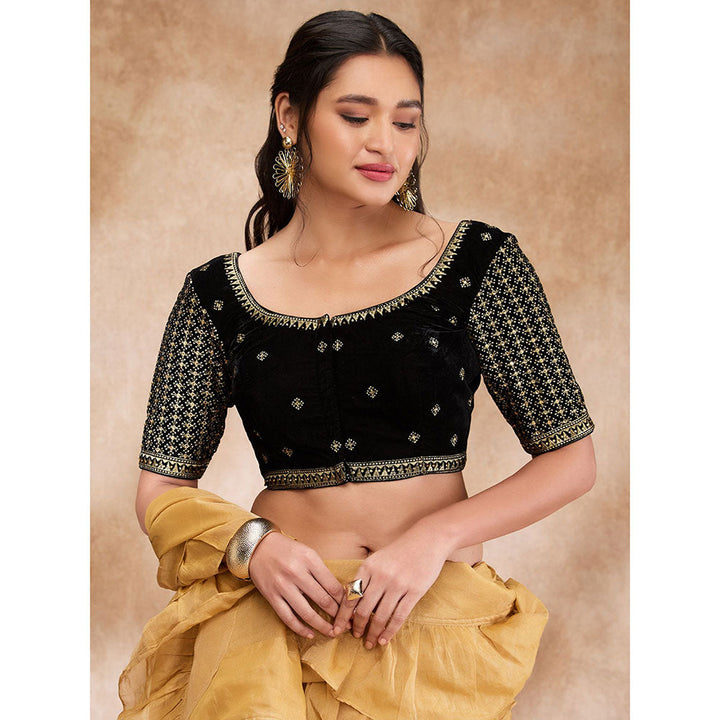 SALWAR STUDIO Black Velvet Embroidered Round Neck Sleeve Zari Blouse