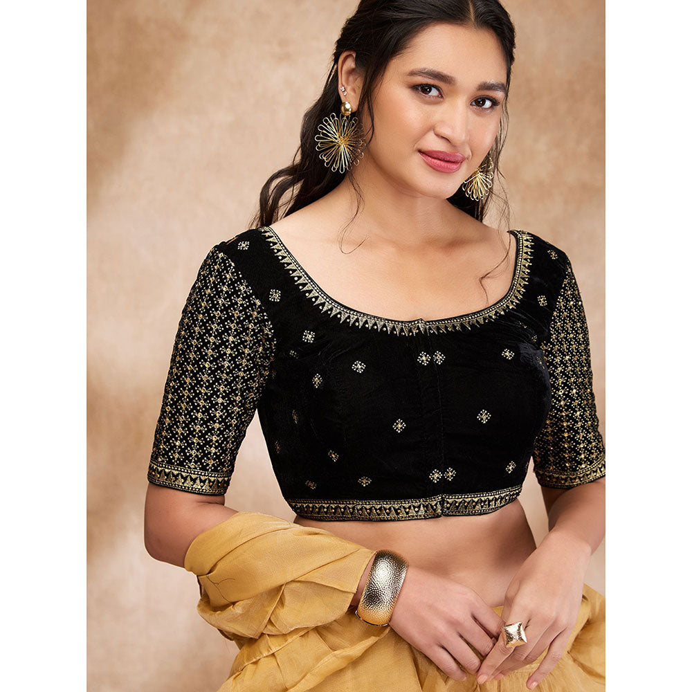 SALWAR STUDIO Black Velvet Embroidered Round Neck Sleeve Zari Blouse