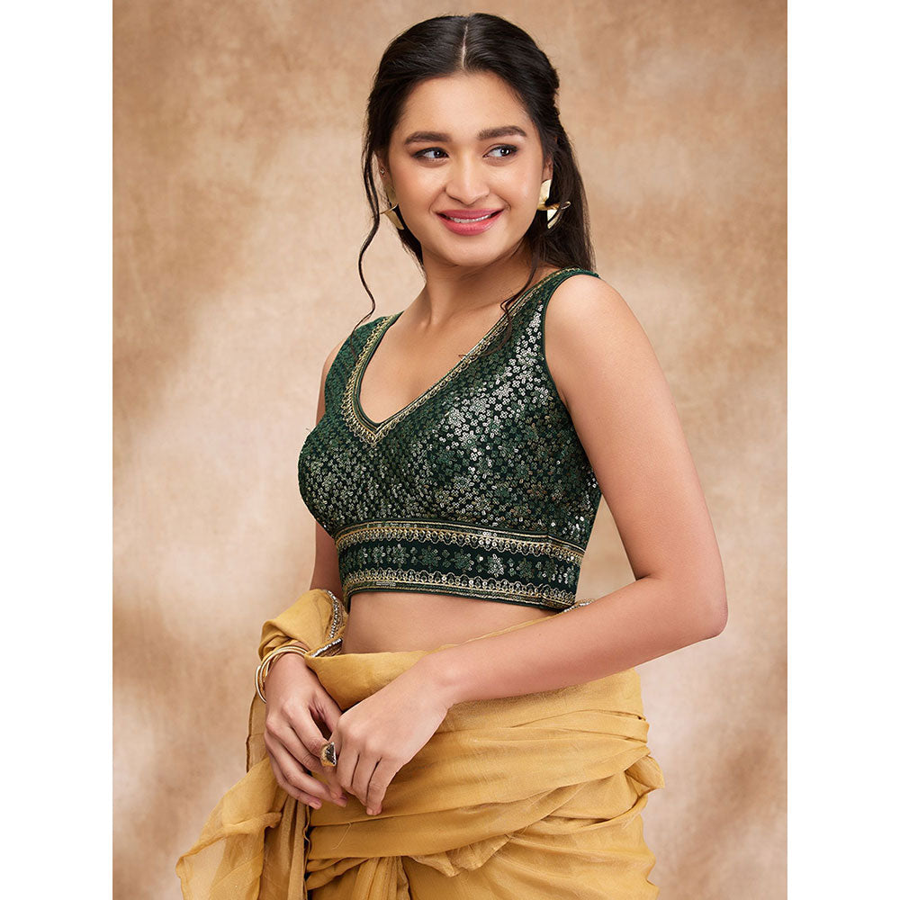 SALWAR STUDIO Green Brocade Embellished V Neck Sleeveless Sequin Blouse with Additional Sleeves