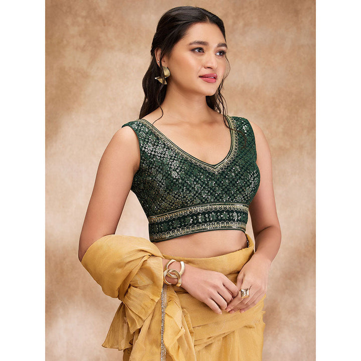 SALWAR STUDIO Green Brocade Embellished V Neck Sleeveless Sequin Blouse with Additional Sleeves