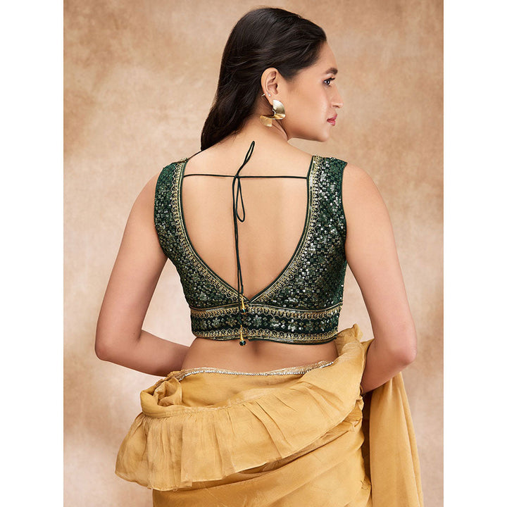 SALWAR STUDIO Green Brocade Embellished V Neck Sleeveless Sequin Blouse with Additional Sleeves