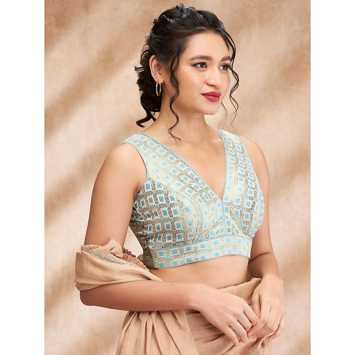 SALWAR STUDIO Sky Blue Brocade Woven Design Sleeveless Zari Blouse with Additional Sleeves