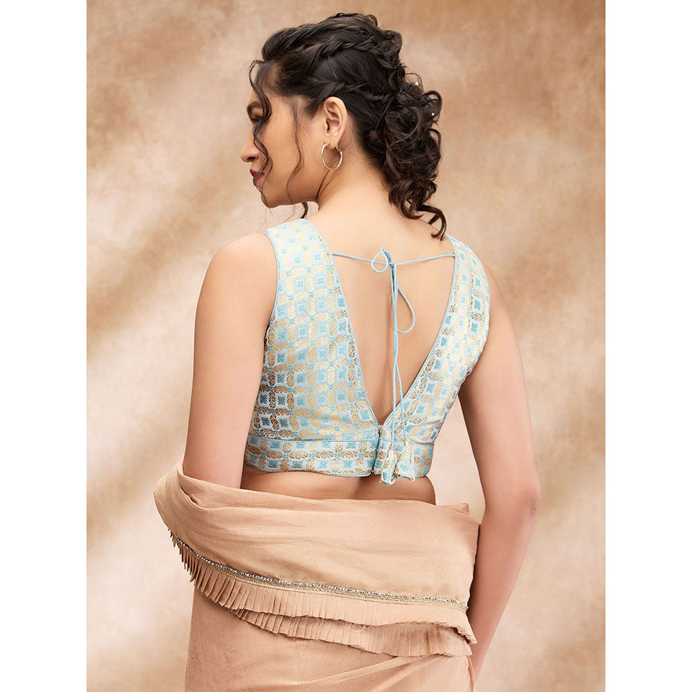 SALWAR STUDIO Sky Blue Brocade Woven Design Sleeveless Zari Blouse with Additional Sleeves