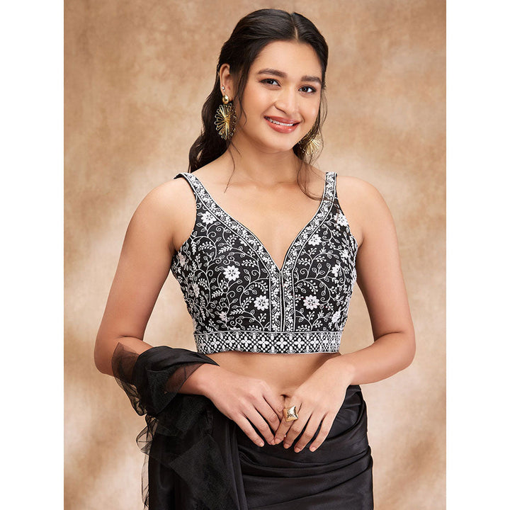 SALWAR STUDIO Black Silk Embroidered Sweetheart Neck Sleeveless Thread Blouse