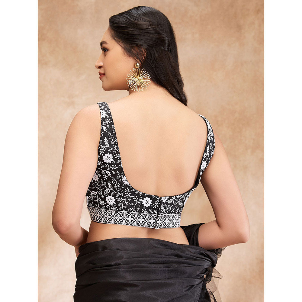 SALWAR STUDIO Black Silk Embroidered Sweetheart Neck Sleeveless Thread Blouse