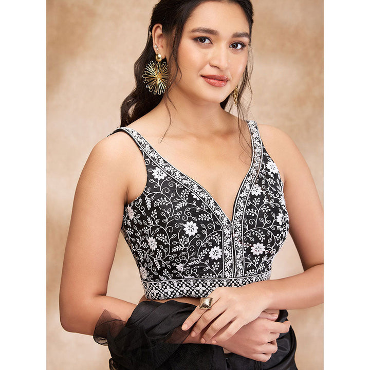 SALWAR STUDIO Black Silk Embroidered Sweetheart Neck Sleeveless Thread Blouse