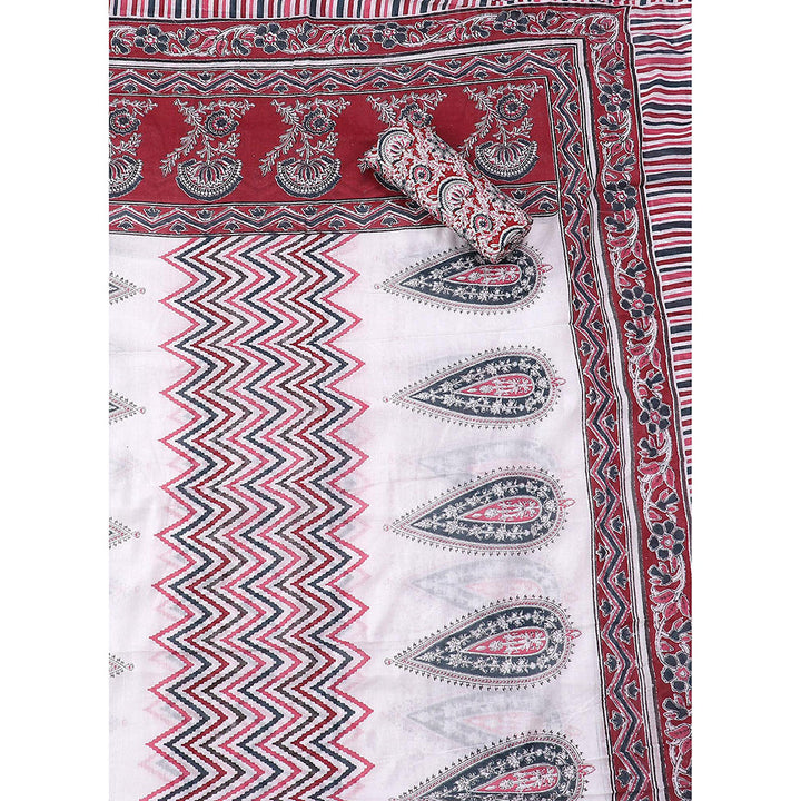 SALWAR STUDIO Red and White Printed Floral Block Print Cotton Unstitched Dress (Set of 3)