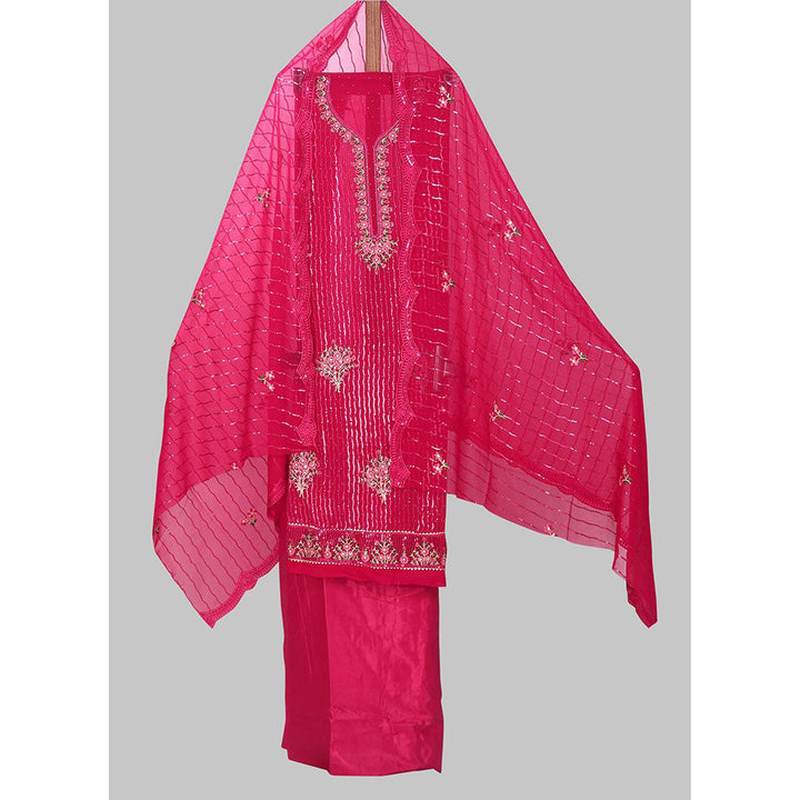 SALWAR STUDIO Hot Pink Embellished Georgette Unstitched Dress (Set of 3)