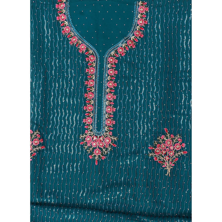 SALWAR STUDIO Teal Green Embellished Floral Georgette Unstitched Dress (Set of 3)