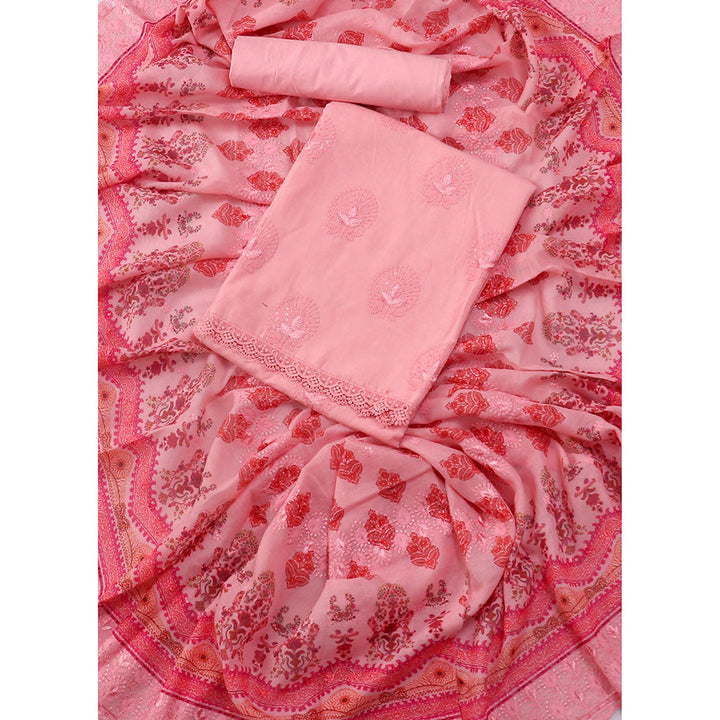 SALWAR STUDIO Baby Pink Embroidered Floral Block Print Cotton Unstitched Dress (Set of 3)