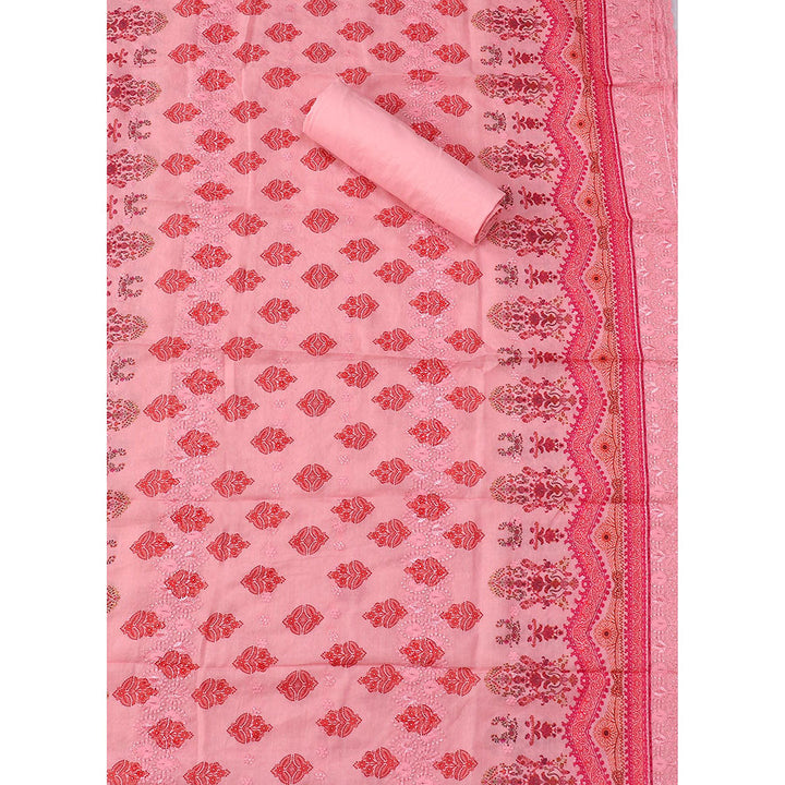 SALWAR STUDIO Baby Pink Embroidered Floral Block Print Cotton Unstitched Dress (Set of 3)