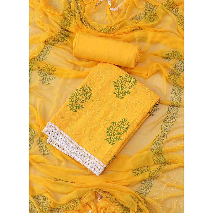 SALWAR STUDIO Mustard Yellow Embroidered Floral Block Print Cotton Unstitched Dress (Set of 3)