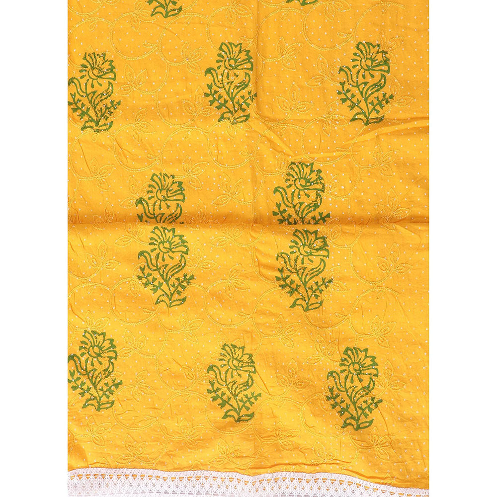 SALWAR STUDIO Mustard Yellow Embroidered Floral Block Print Cotton Unstitched Dress (Set of 3)