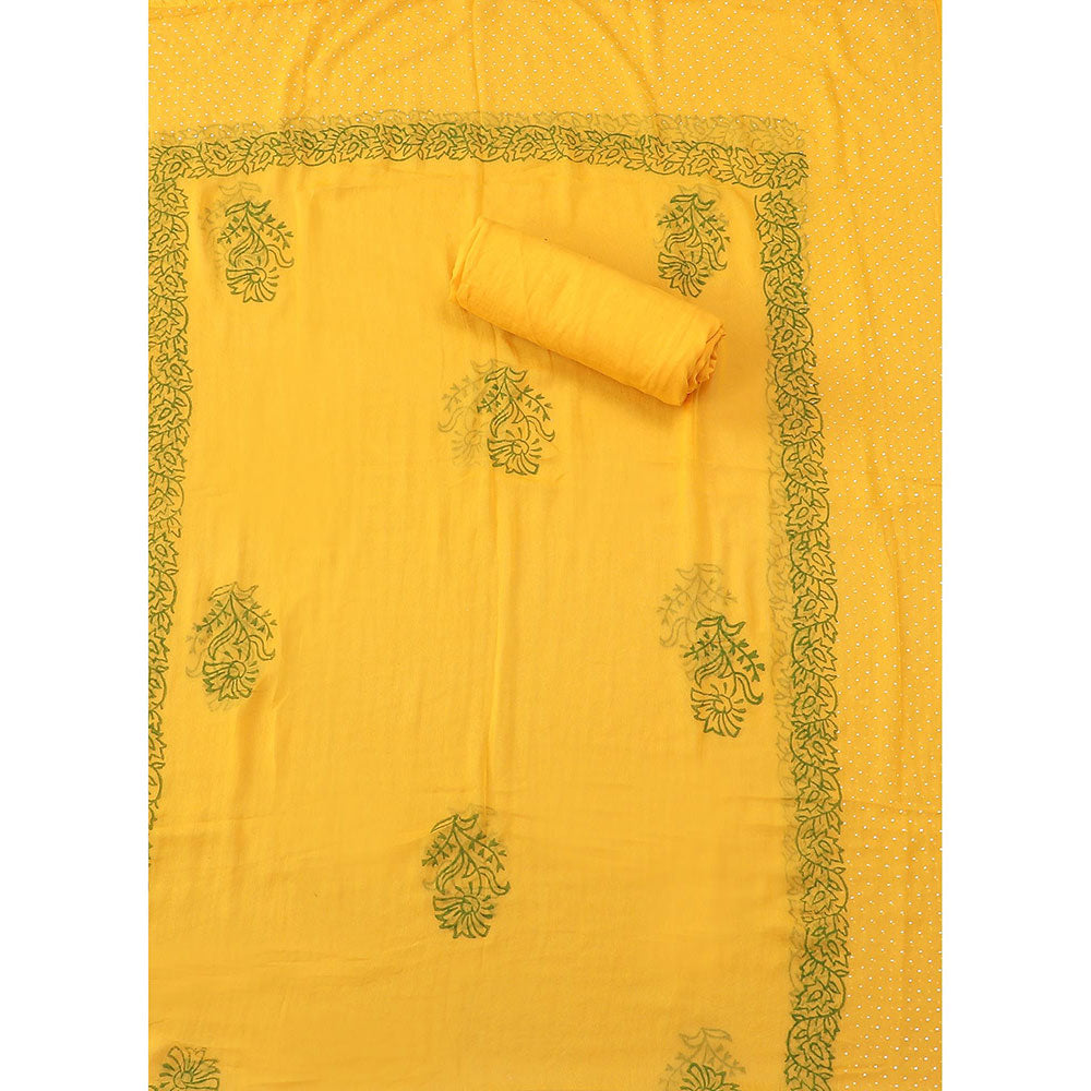 SALWAR STUDIO Mustard Yellow Embroidered Floral Block Print Cotton Unstitched Dress (Set of 3)