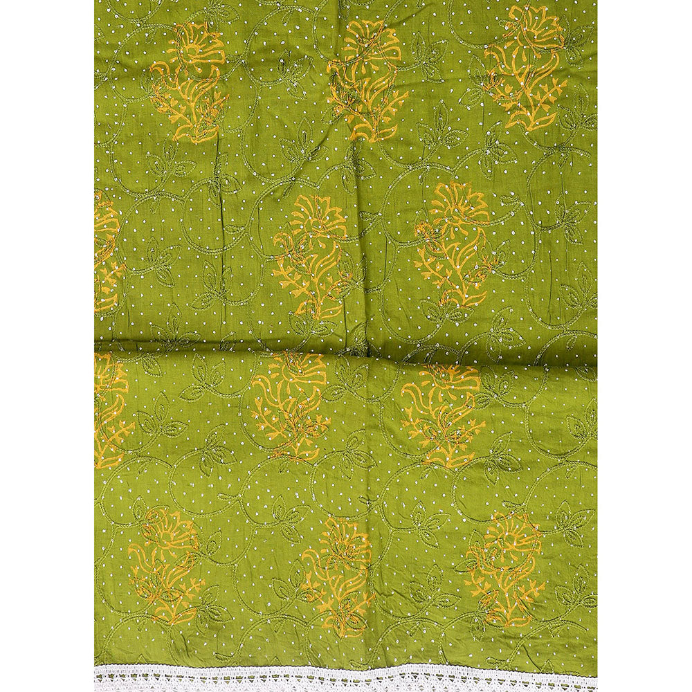 SALWAR STUDIO Green Embroidered Floral Block Print Cotton Unstitched Dress (Set of 3)