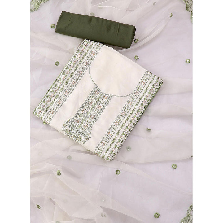 SALWAR STUDIO White and Green Embroidered Floral Silk Unstitched Dress (Set of 3)