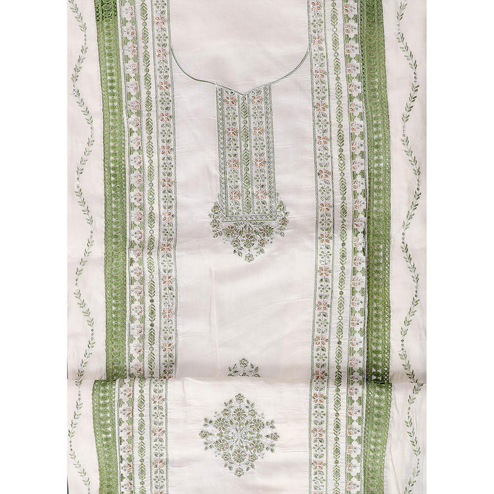 SALWAR STUDIO White and Green Embroidered Floral Silk Unstitched Dress (Set of 3)