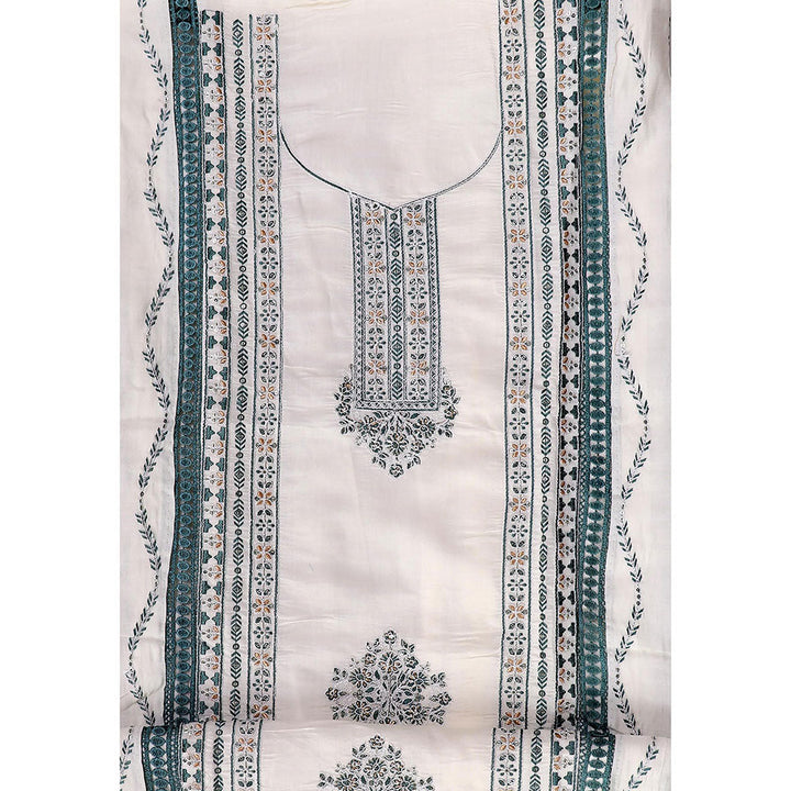 SALWAR STUDIO White and Teal Embroidered Floral Silk Unstitched Dress (Set of 3)