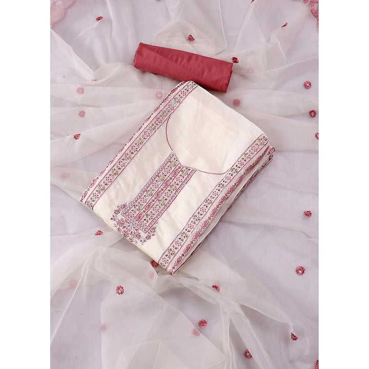 SALWAR STUDIO White and Pink Embroidered Floral Silk Unstitched Dress (Set of 3)