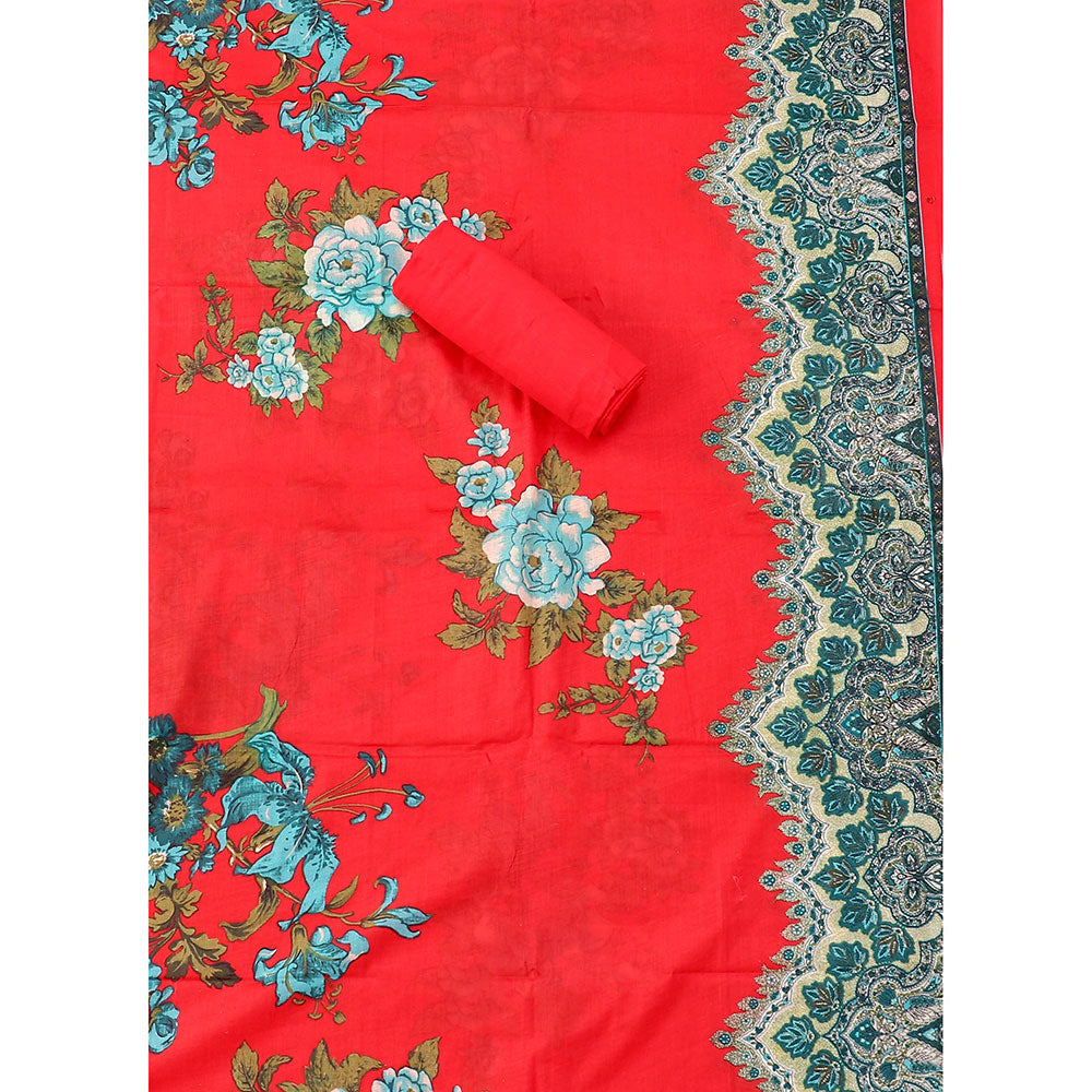 SALWAR STUDIO Multi and Red Printed Floral Cotton Unstitched Dress (Set of 3)