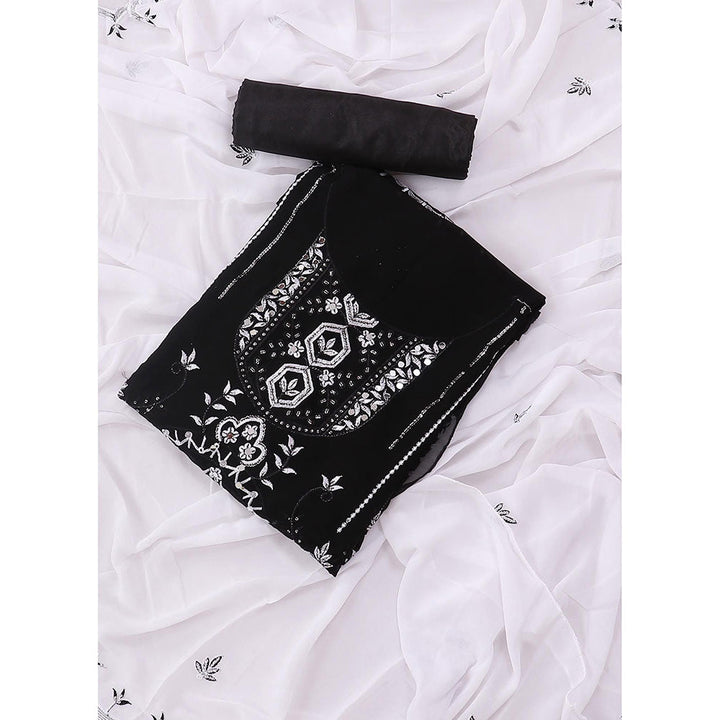 SALWAR STUDIO Black and White Embroidered Floral Georgette Unstitched Dress (Set of 3)