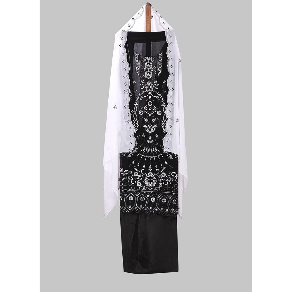 SALWAR STUDIO Black and White Embroidered Floral Georgette Unstitched Dress (Set of 3)