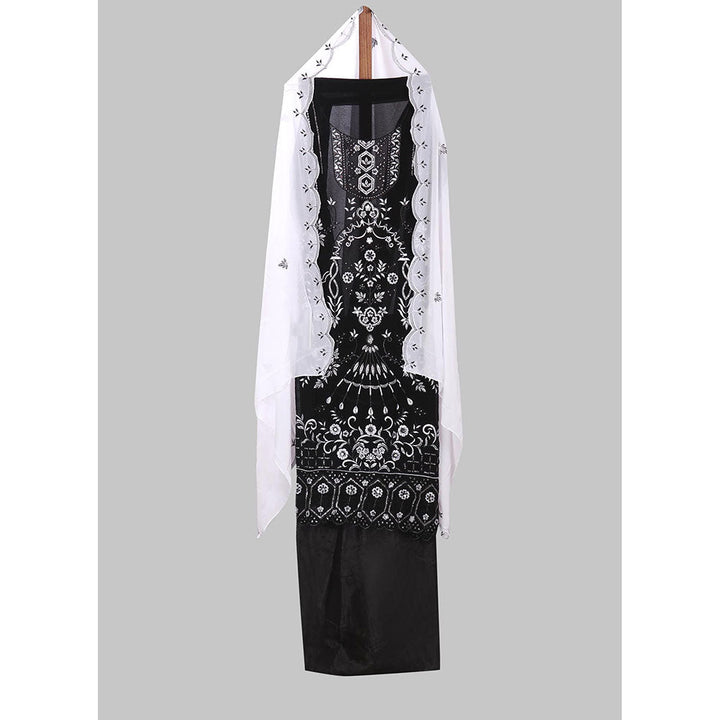 SALWAR STUDIO Black and White Embroidered Floral Georgette Unstitched Dress (Set of 3)