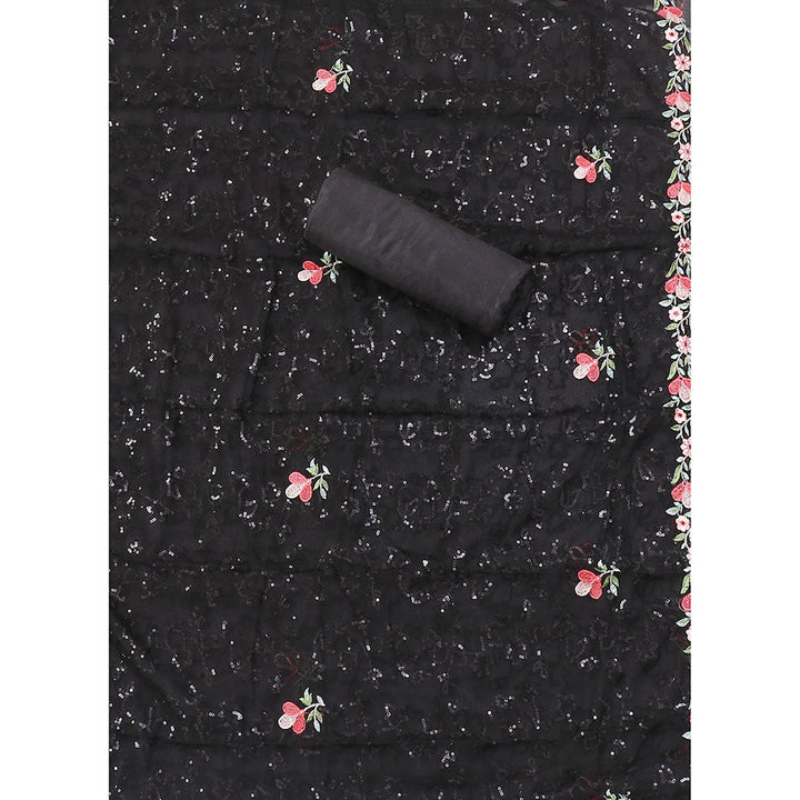 SALWAR STUDIO Black Embellished Floral Georgette Unstitched Dress (Set of 3)