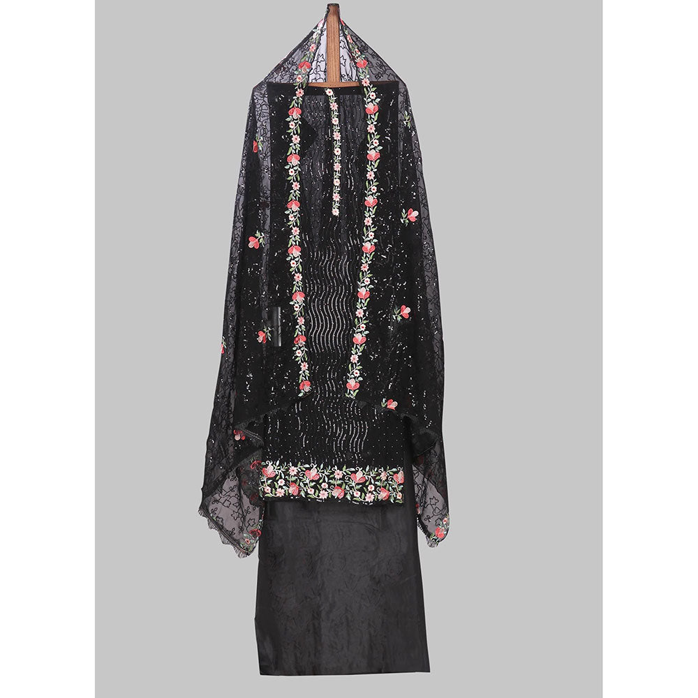 SALWAR STUDIO Black Embellished Floral Georgette Unstitched Dress (Set of 3)