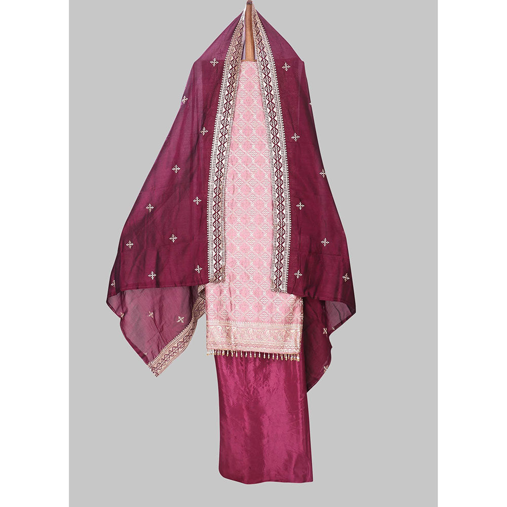 SALWAR STUDIO Mauve and Purple Embellished Floral Raw Silk Unstitched Dress (Set of 3)