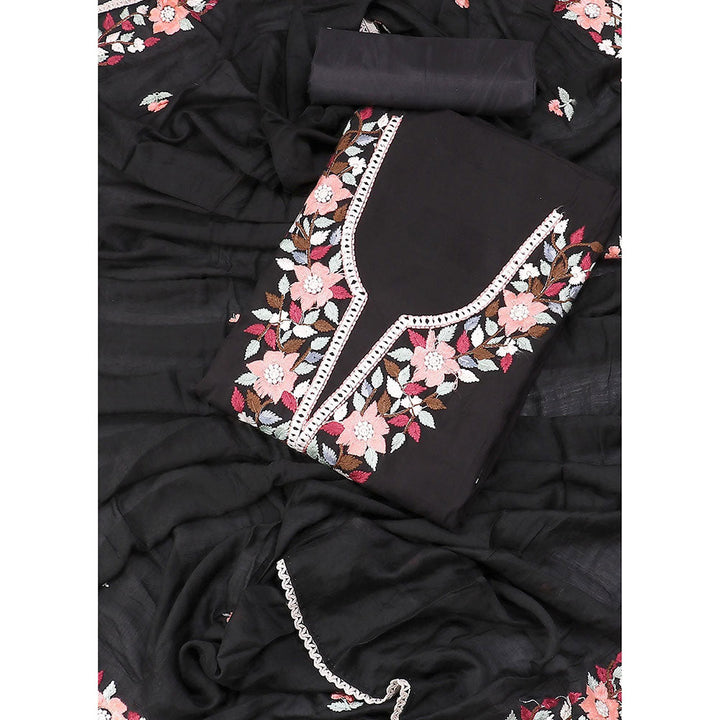 SALWAR STUDIO Black Embroidered Floral Silk Unstitched Dress (Set of 3)