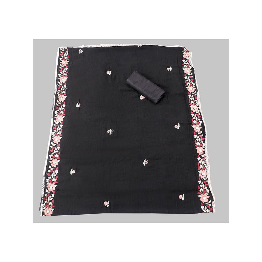 SALWAR STUDIO Black Embroidered Floral Silk Unstitched Dress (Set of 3)