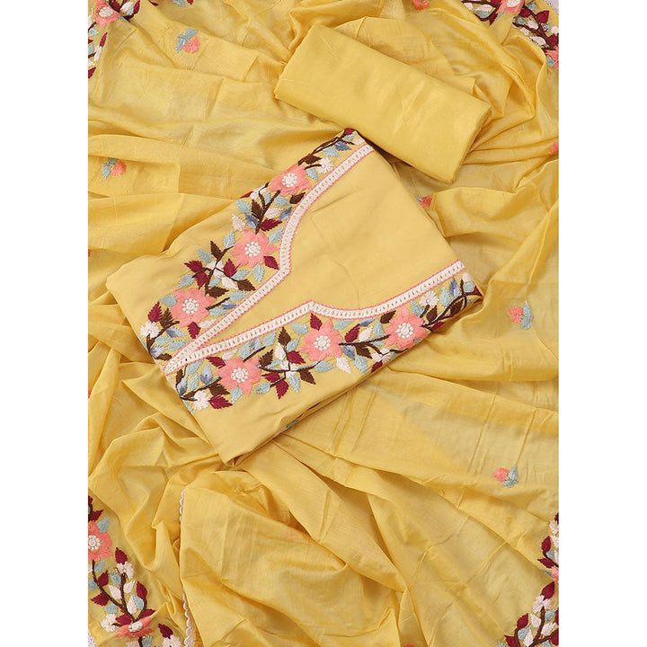 SALWAR STUDIO Yellow Embroidered Floral Silk Unstitched Dress (Set of 3)