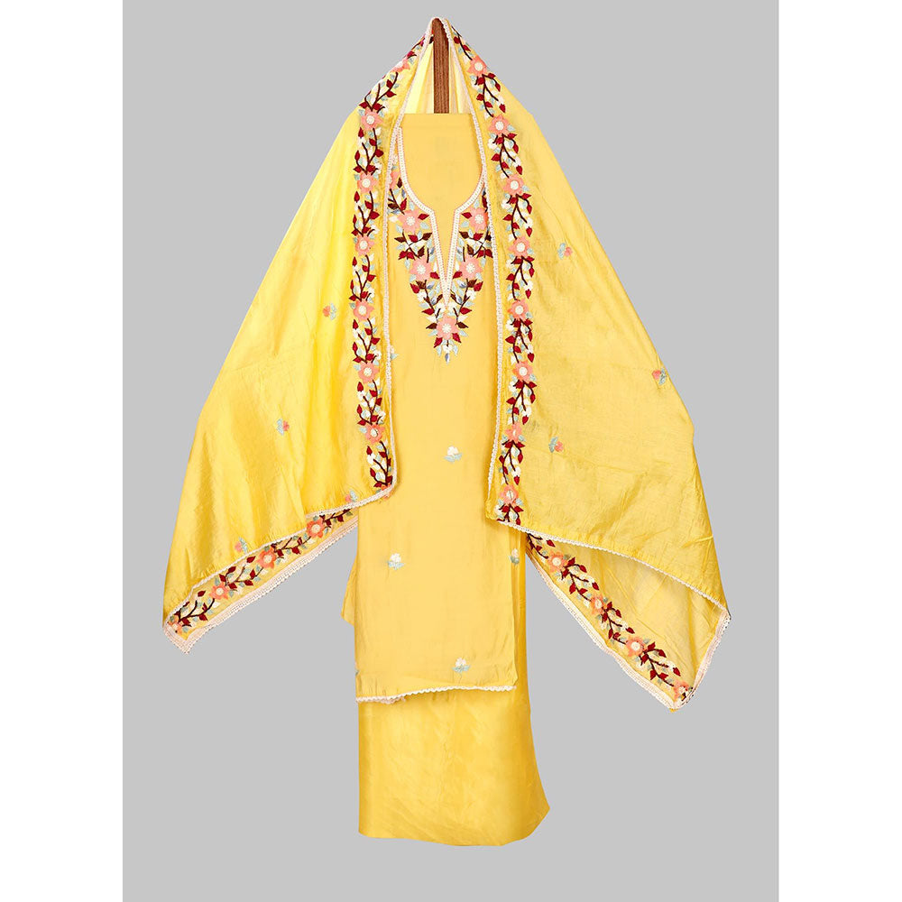 SALWAR STUDIO Yellow Embroidered Floral Silk Unstitched Dress (Set of 3)