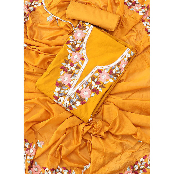 SALWAR STUDIO Mustard Yellow Embroidered Floral Silk Unstitched Dress (Set of 3)