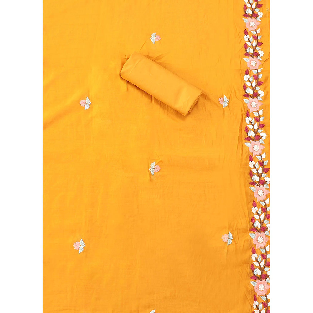 SALWAR STUDIO Mustard Yellow Embroidered Floral Silk Unstitched Dress (Set of 3)