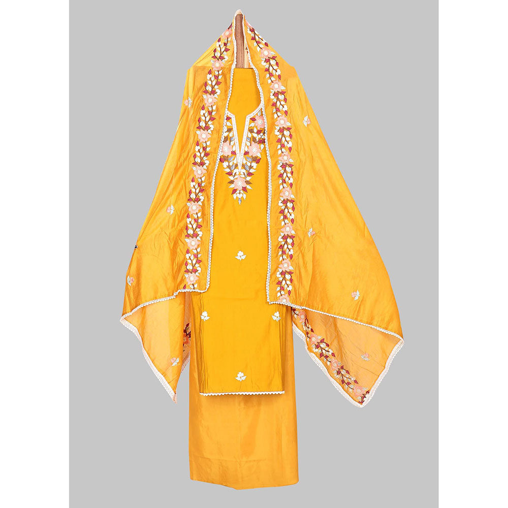 SALWAR STUDIO Mustard Yellow Embroidered Floral Silk Unstitched Dress (Set of 3)