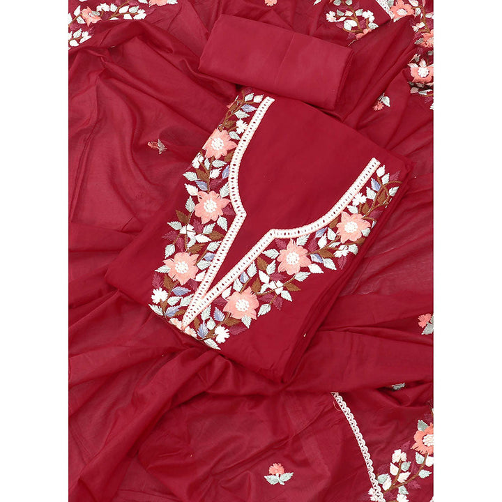 SALWAR STUDIO Maroon Embroidered Floral Silk Unstitched Dress (Set of 3)