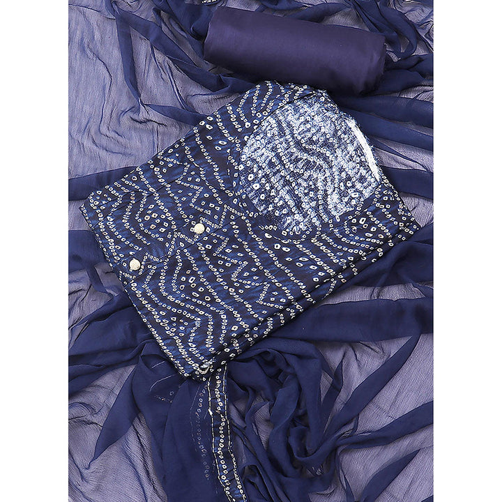 SALWAR STUDIO Navy Blue Printed Bandhani Block Print Viscose Rayon Unstitched Dress (Set of 3)