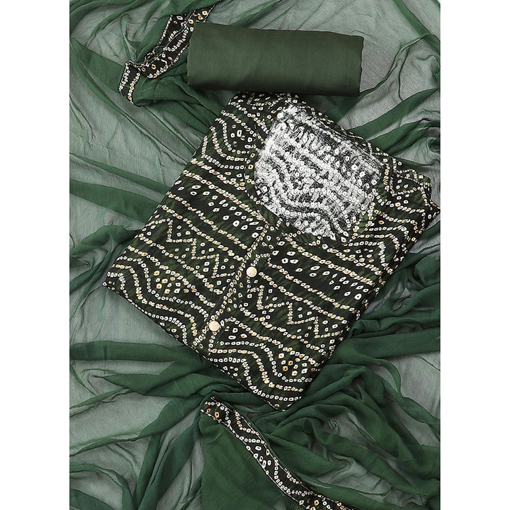 SALWAR STUDIO Green Printed Bandhani Block Print Viscose Rayon Unstitched Dress (Set of 3)